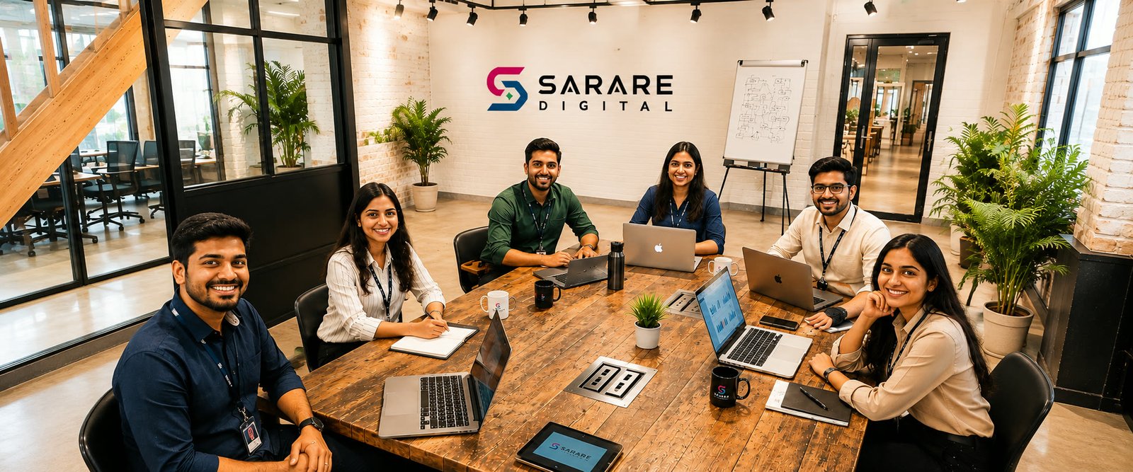 The SARARE Digital team collaborating around a table full of laptops